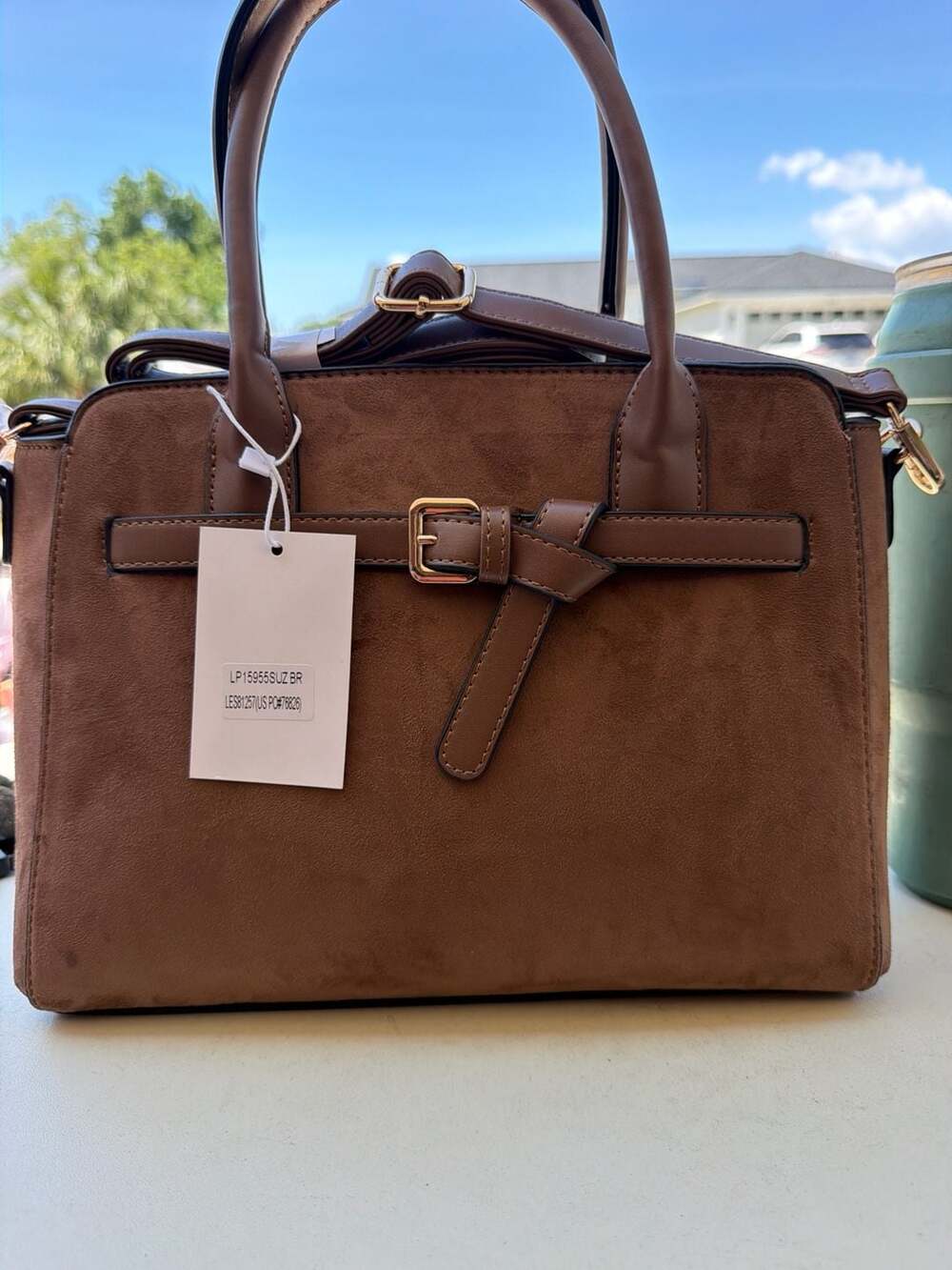 Suzi Brown Faux Suede Belted Satchel Handbag with Crossbody Strap